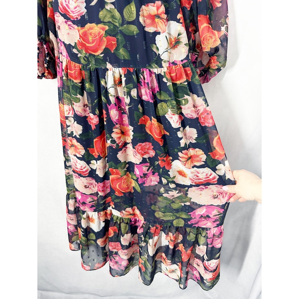 Eliza J Metallic Clip Dot Floral Navy Chiffon Fit Flare Maxi Dress Womens Size 8 - Picture 4 of 14